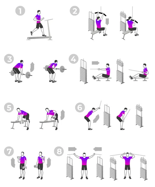 Exercícios de fitness para costas e bíceps fortes — Vetor de Stock