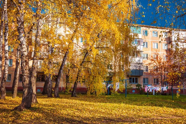 Berdsk şehri, Novosibirsk bölgesi, Rusya 'nın Batı Sibirya' sı - 9 Ekim 2021: Ağaçlı ve sarı yapraklı sonbahar şehri