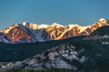 Kuzey Chui Dağları 'nın karla kaplı zirveleri sabah güneşiyle aydınlanır. Altai 'nin Kosh-Agachsky ilçesi, Rusya' nın Batı Sibirya 'sının güneyi