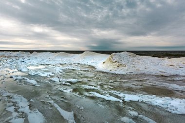 Ob Nehri 'nde buzul çağının başlangıcı. Sahilde kar ve buz mırıldanır. Berdsk, Novosibirsk bölgesi, Batı Sibirya, Kasım