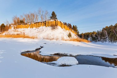 Winter landscape with a river. Razdelnaya River, Berdsk, Novosibirsk Region, Western Siberia of Russia