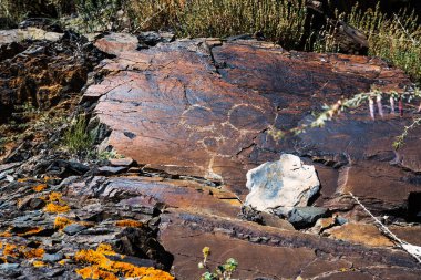 Kosh-Agach köyünün yakınlarındaki Dzhalgiztobe Dağı 'ndaki antik petroglifler. Sibirya, Altai Cumhuriyeti 'nin Kosh-Agachsky ilçesi
