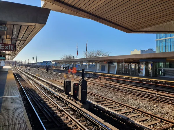 Woodside is a station on the Main Line of Long Island Rail Road and the Port Washington branch in Queens\' Woodside in New York City. By train to the east from Penn Station. NYC-USA.