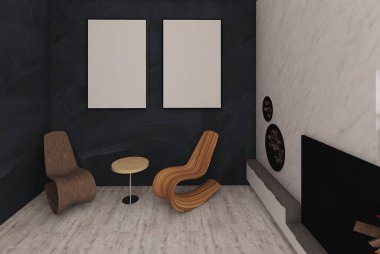 Şık bir iç mekan. Modern iç tasarım. Oda tasarımının 3 boyutlu hali. Şık iç tasarım örneği.