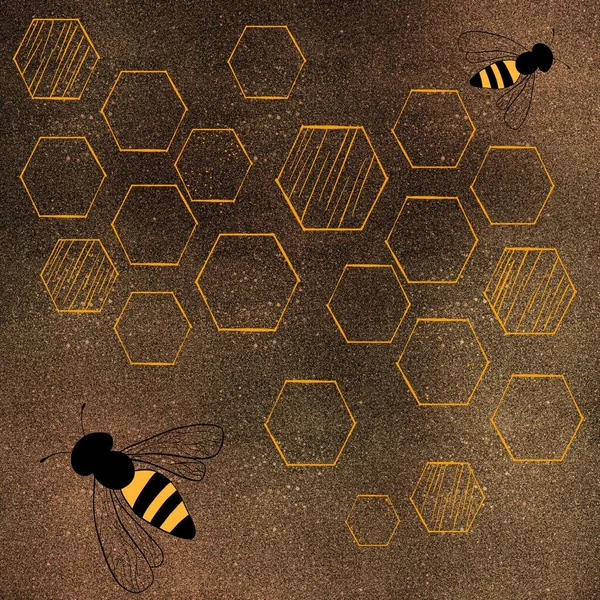 Abstract background with bees and honeycombs. Creative background with insects. Cute bees on the background.