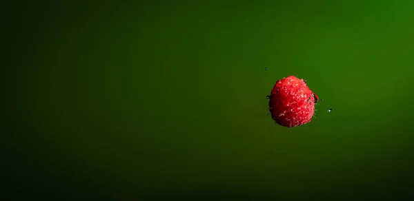Terbang Raspberry Basah Dengan Tetes Air Sekitarnya Pada Latar Belakang — Stok Foto