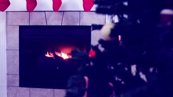 Chimenea Árbol Navidad Medias Por Encima Llama Creando Ambiente Para — Vídeos de Stock