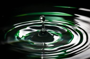 Sıvı yüzeye sıçrayan su damlası dalgalanmalarda kırılma izi oluşturan yeşil nesneyi yansıtır.