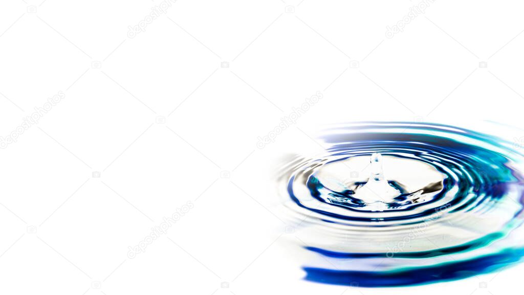 White background for presentation slides with shades of blue ripples of liquid formed by falling a drop on water surface