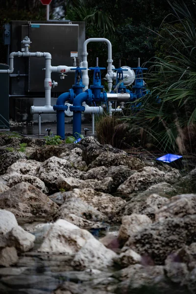 Pipes Valves Utility Systems Stones Decorative Pebbles — Stock Photo, Image