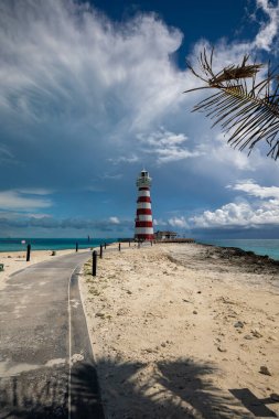 Palmiye ağacı Karayip Denizi 'ndeki egzotik tropik adalarda deniz fenerine giden bir patikaya gölge düşürüyor.