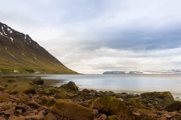 手前に茶色の石があるアクレリ市近くのアイスランド北岸に近いフィヨルド 右側に崖の急斜面 遠くに雪の山 — ストック写真