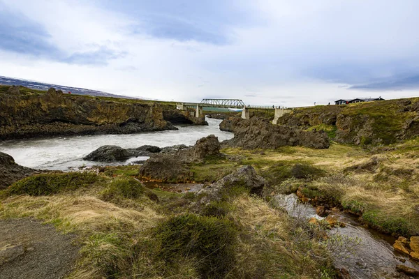 Small Stream Joining River Flows Godafoss Waterfalls Northern Iceland Bridge — 스톡 사진