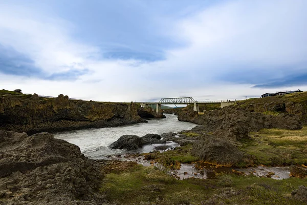 Small Creek Joining Force River Icelandic Waterfalls Bridge Rock Formations — Stock Photo, Image