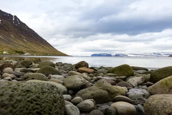 Rochers Cailloux Sur Rive Fjord Islandais Pente Montagne Sur Gauche — Photo