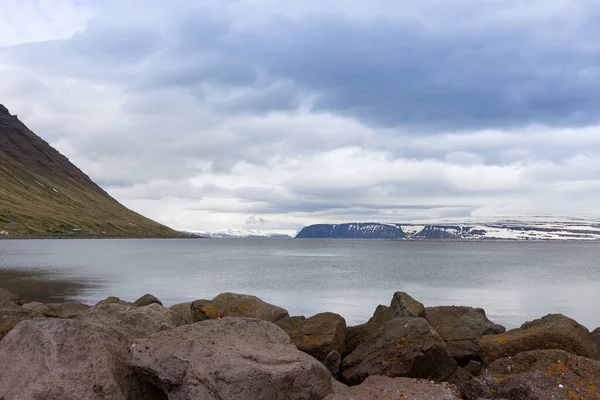 Rocks Covered Moss Shore Fjord Northern Iceland Akureyri Slope Cliff — Stock Photo, Image