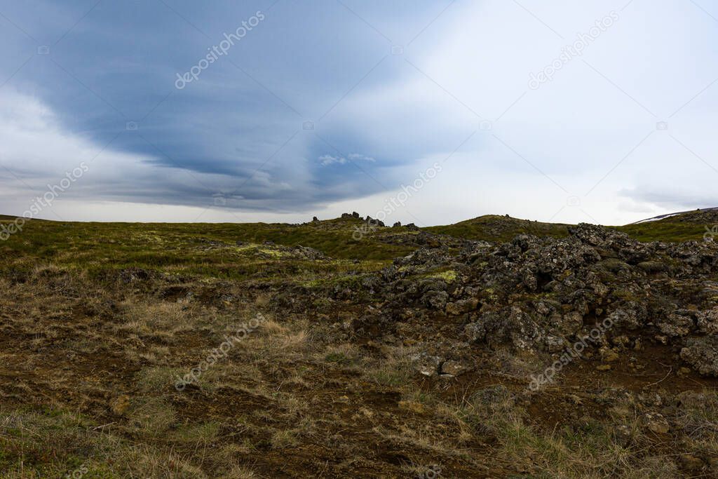 Volcanic rocks, moss and sparse vegetations on a hill representing typical field in Iceland