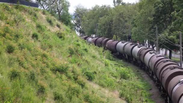 Liquid Chemicals Train Cars Railroad Track Close Danube River Bulgarian — ストック動画