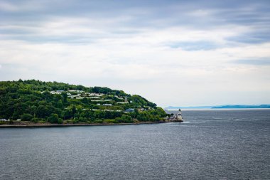 İngiliz kıyılarında orman ve evlerle kaplı bir tepe ve uçurum.