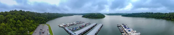 Aerial Panorama Taylorsville Lake Marina Private Boats Docked Lined Water — Foto Stock