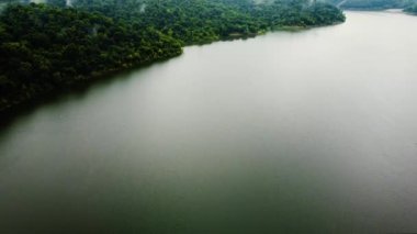 Approaching coastline of Taylorsville lake in Central Kentucky revealing low hanging mist and clouds over forest during foggy morning