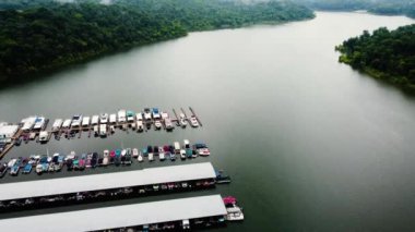 Dramatic drone footage of Taylorsville lake marina in Central Kentucky during low hanging clouds day
