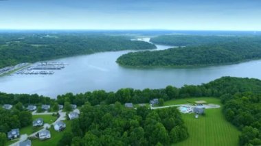 Aerial view of neighborhood of vacation lake houses close to Taylorsville lake marina in Central Kentucky