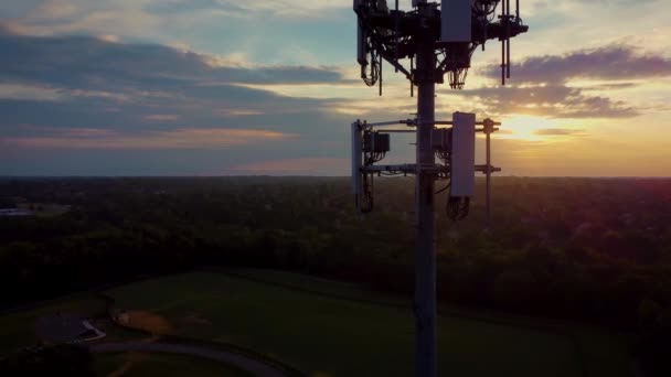 Flying Cell Phone Signal Translation Tower Early Morning Hours Rising — Stockvideo