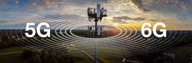 Telefon kulesinin etrafında 5G ve 6G işaretleri olan radyo dalgalarının grafiksel temsili..