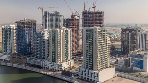 Torres Timelapse Aéreo Business Bay Dubai Emiratos Árabes Unidos Vista —  Fotos de Stock