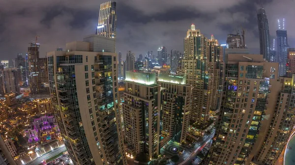 Skyskrapor Skyline Dubai Downtown Kvällen Antenn Natt Timelapse Belysta Torn — Stockfoto