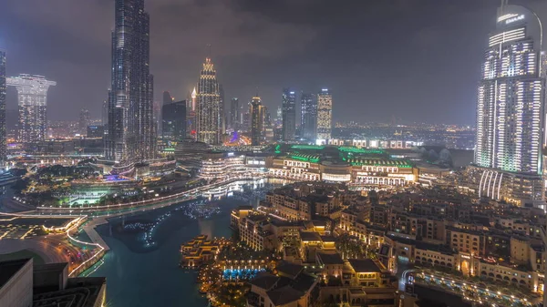 Arranha Céus Erguendo Acima Dubai Centro Noite Timelapse Shopping Fonte — Fotografia de Stock