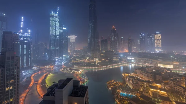 Vue Aérienne Ville Dubaï Tôt Matin Pendant Nuit Brouillard Timelapse — Photo