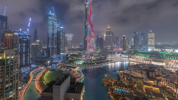 Skyscrapers Rising Dubai Downtown Night Timelapse Mall Fountain Surrounded Modern — Stock Photo, Image