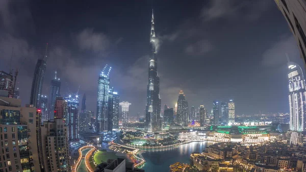 Skyscrapers Rising Dubai Downtown All Night Timelapse Lights Turning Mall — Stock Photo, Image