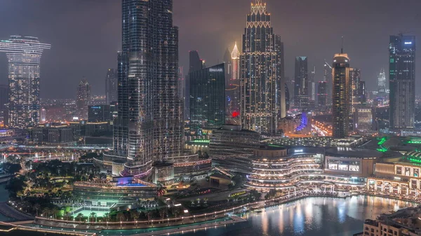 Air View Dubai City Night Timelapse Downtown Футуристический Городской Пейзаж — стоковое фото