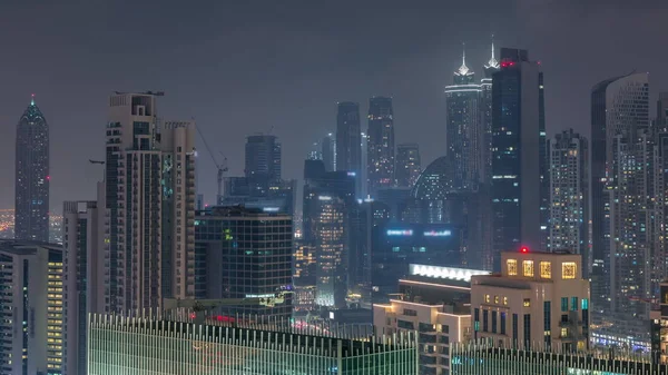 Dubajské Mrakodrapy Osvětlením Obchodní Čtvrti Noční Doba Letecký Pohled Shora — Stock fotografie