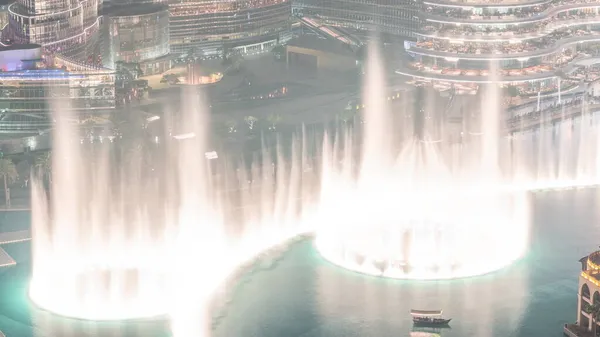 Dubai Fountain Antenn Natt Timelapse Musikalisk Fontän Belägen Konstgjord Sjö — Stockfoto