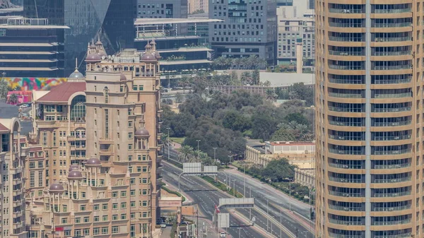 迪拜国际金融中心的空中景观Difc区时间过去了 写字楼和带有现代摩天大楼的酒店 — 图库照片