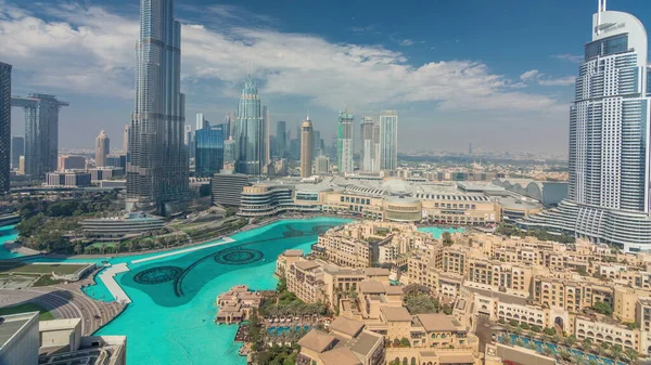 Skyscrapers Rising Dubai Downtown Timelapse Mall Fountain Surrounded Modern Buildings — Stock Photo, Image