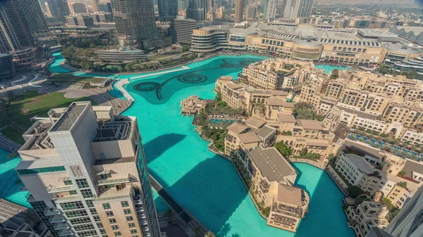 Lotniczy Timelapse Dubai Fountain Fontanna Muzyczna Znajduje Się Sztucznym Jeziorze — Zdjęcie stockowe