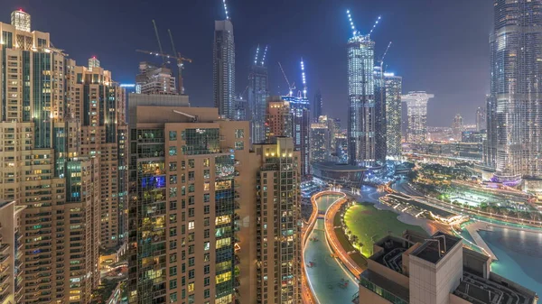 Skyline Rascacielos Centro Dubái Cerca Fuentes Parque Por Noche Timelapse —  Fotos de Stock