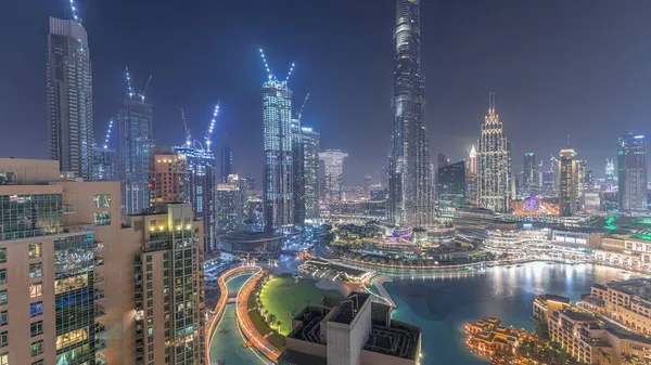 Panorama Del Timelapse Nocturno Aéreo Del Centro Dubái Skyline Urbano —  Fotos de Stock