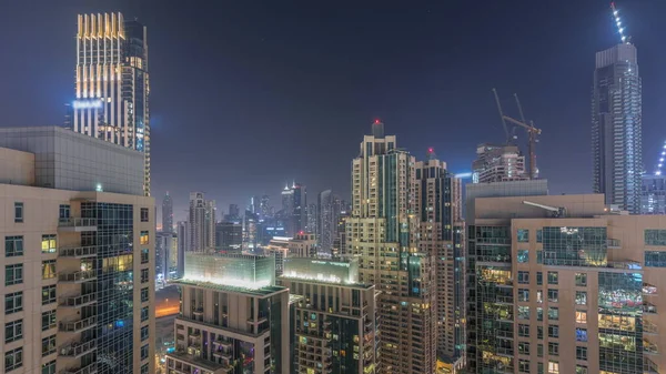 Дубайські Хмарочоси Освітленням Діловому Районі Затоки Протягом Всієї Ночі Вид — стокове фото