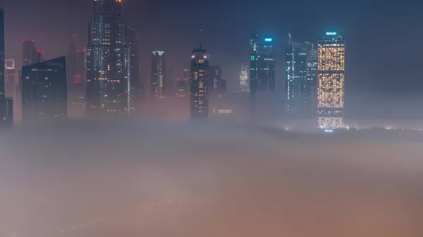 Aerial View Morning Fog Covered Dubai International Financial Centre District — Stock Photo, Image