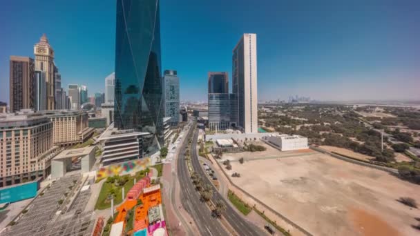 Dubai International Financial district aerial all day timelapse. Panoramic view of business and financial office towers. — Stock Video