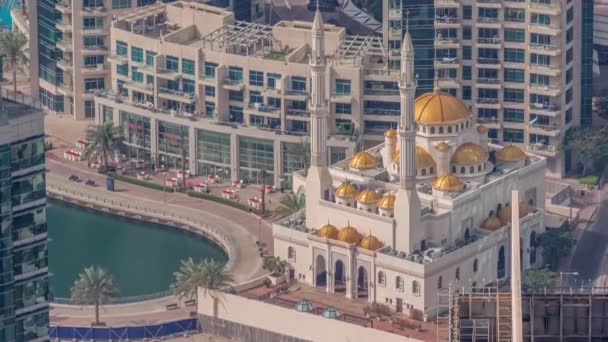 Aerial view of the small mosque of Dubai Marina at morning timelapse — Stock Video