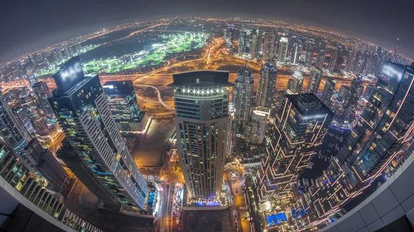 Panorama Dubai Marina Com Arranha Céus Jlt Campo Golfe Noite — Fotografia de Stock
