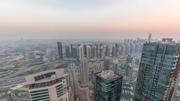 Panorama Dubai Marina Con Rascacielos Jlt Día Noche Timelapse Transición —  Fotos de Stock