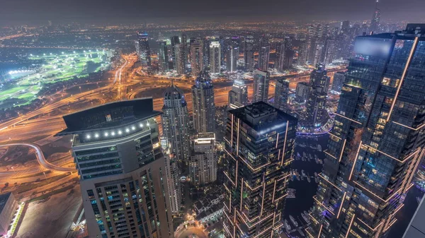 Panorama Van Dubai Marina Met Jlt Wolkenkrabbers Golfbaan Nacht Timelapse — Stockfoto